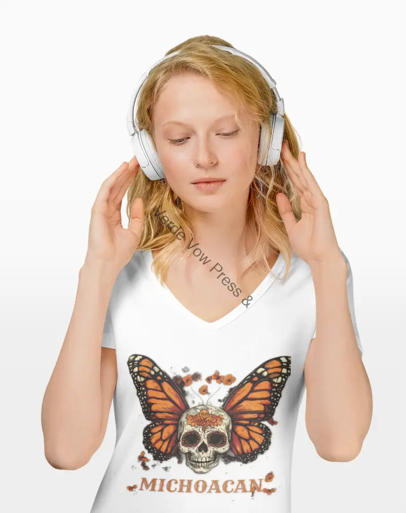 Michoacan Butterfly Skull V-Neck Tee. Mexican art day of the dead S / White V-neck