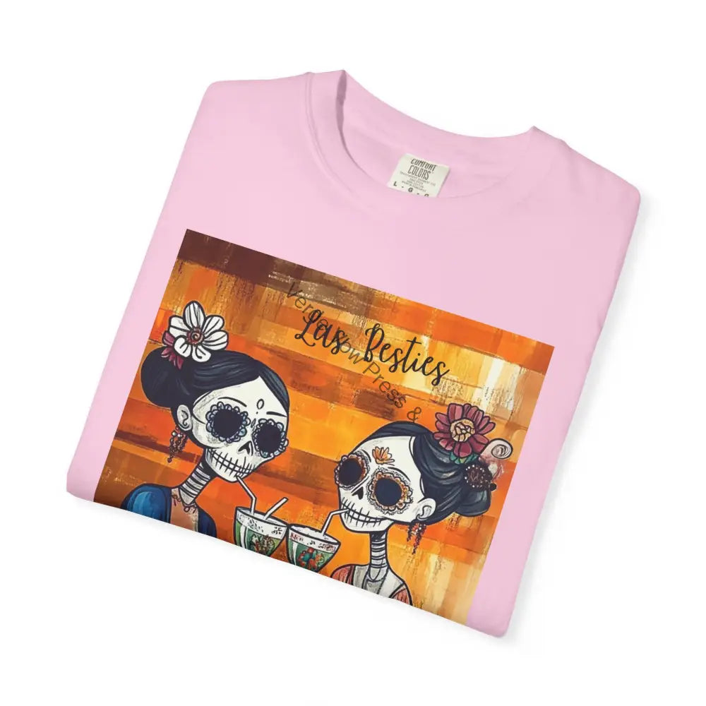 Colorful Dia de los Muertos T-shirt Las Besties Graphic Tee Skull Artwork Halloween Apparel Cultural Celebrations Shirt