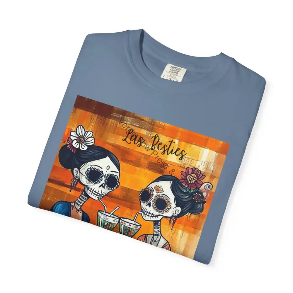 Colorful Dia de los Muertos T-shirt Las Besties Graphic Tee Skull Artwork Halloween Apparel Cultural Celebrations Shirt