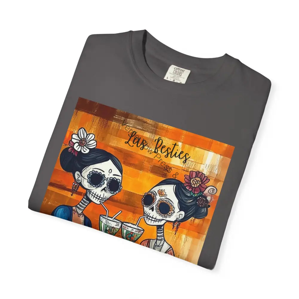 Colorful Dia de los Muertos T-shirt Las Besties Graphic Tee Skull Artwork Halloween Apparel Cultural Celebrations Shirt