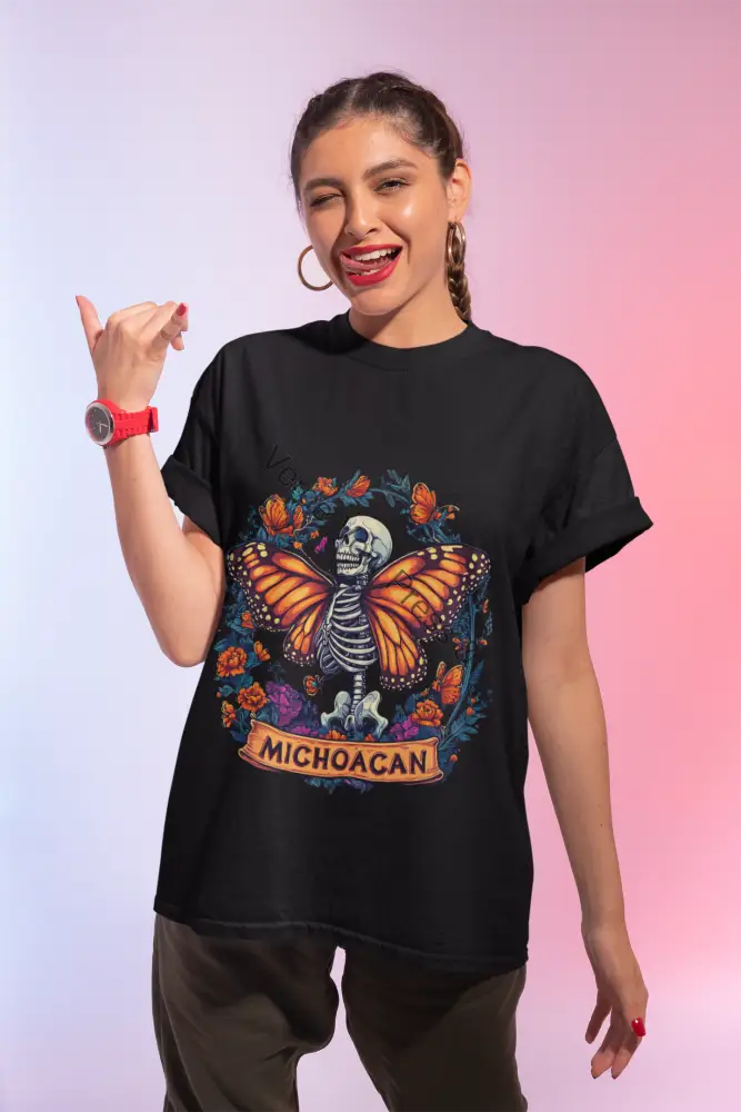 Colorful Skeleton Butterfly T-shirt Day of the Dead Tee Unisex Graphic Shirt Michoacan Art Halloween Apparel Casual