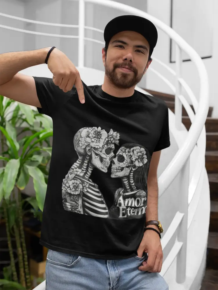 Men’s Softstyle T-Shirt with Día de los Muertos,Eternal love Amor Eterno Sugar Skull Art Perfect for Festivals Gifts