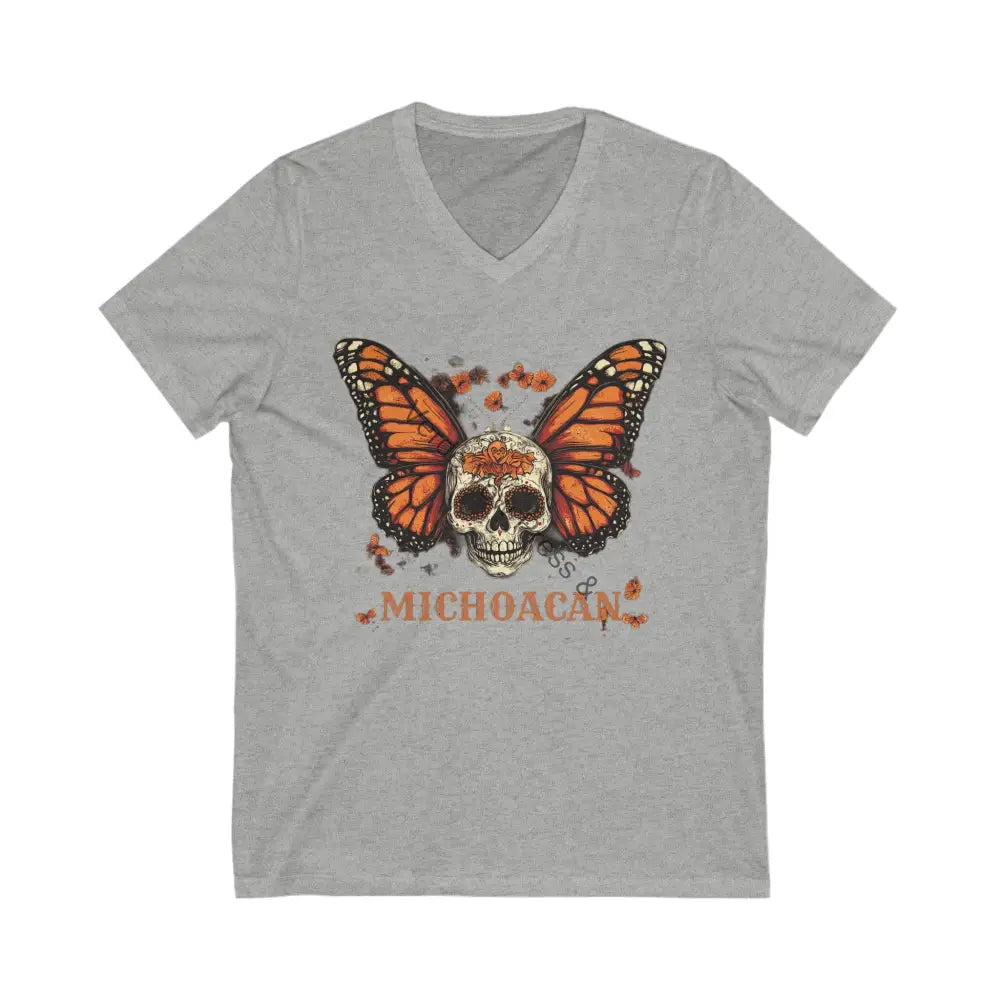 Michoacan Butterfly Skull V-Neck Tee. Mexican art day of the dead S / Athletic Heather V-neck