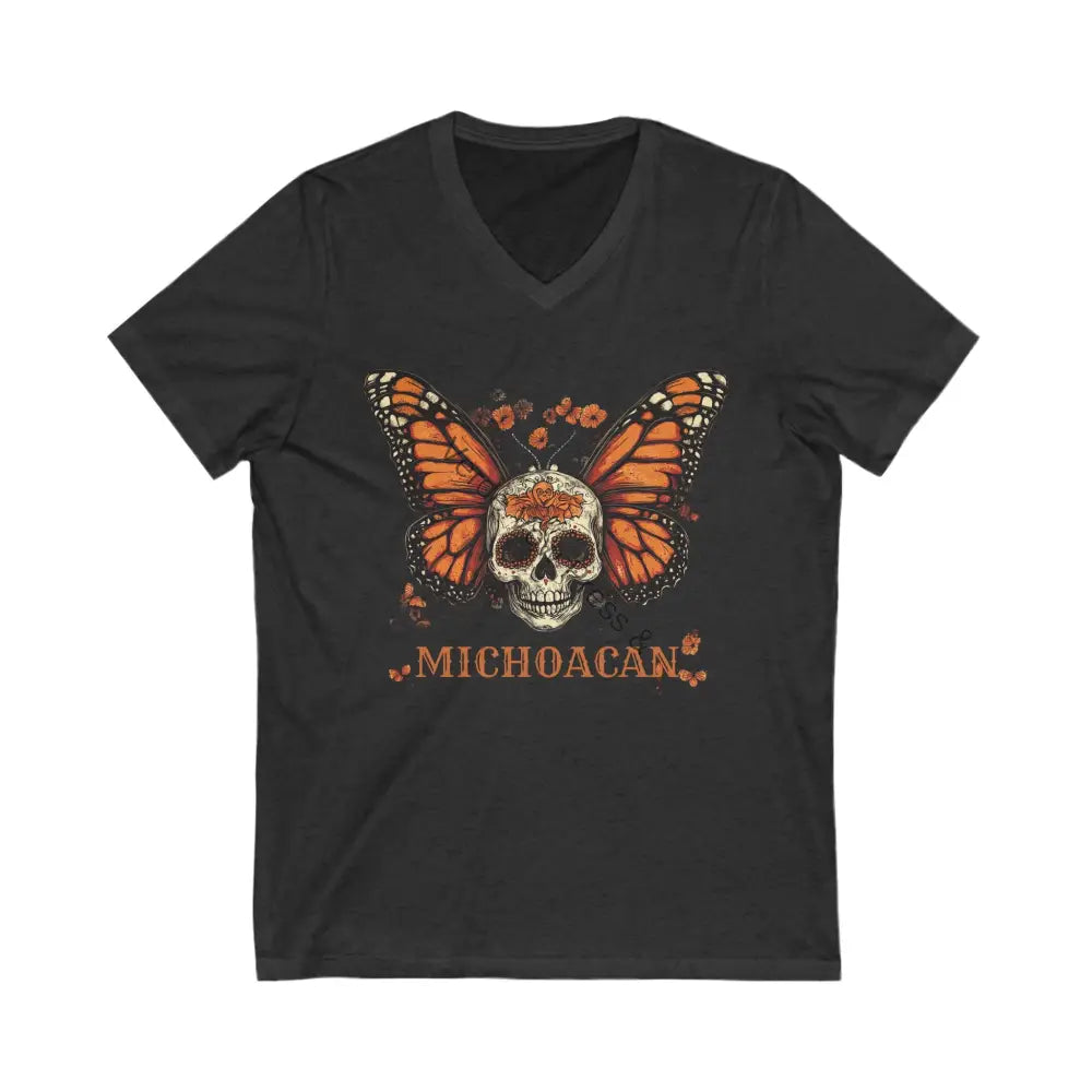 Michoacan Butterfly Skull V-Neck Tee. Mexican art day of the dead S / Dark Grey Heather V-neck