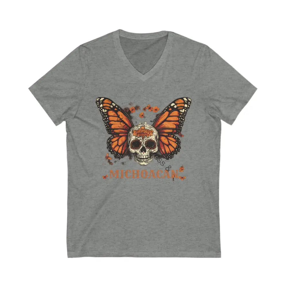 Michoacan Butterfly Skull V-Neck Tee. Mexican art day of the dead S / Deep Heather V-neck