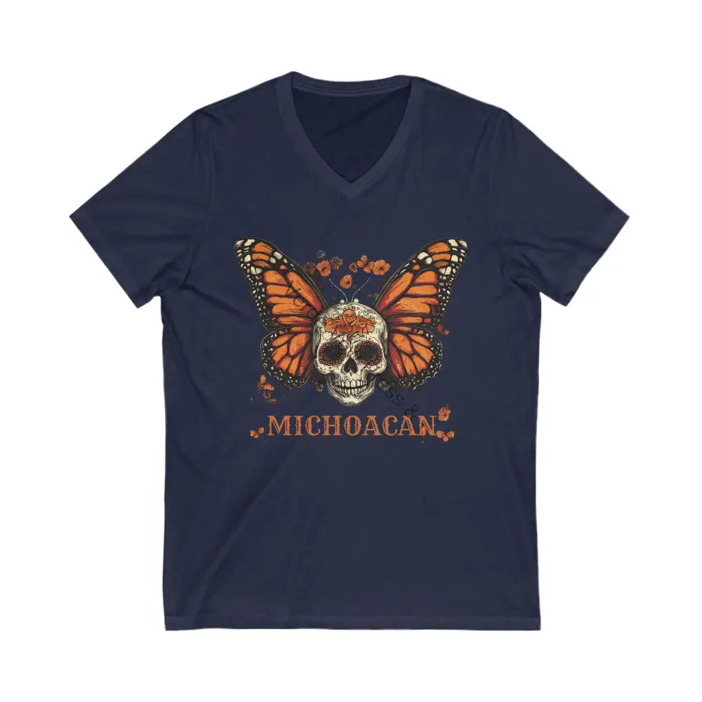 Michoacan Butterfly Skull V-Neck Tee. Mexican art day of the dead S / Navy V-neck