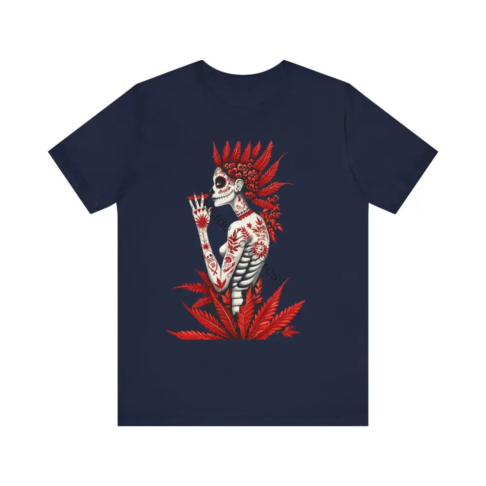 Skull and Leaves Tee - Short Sleeve Casual T-Shirt Day of the Dead Shirt Gothic Style Top Unique Graphic Tee Navy / S