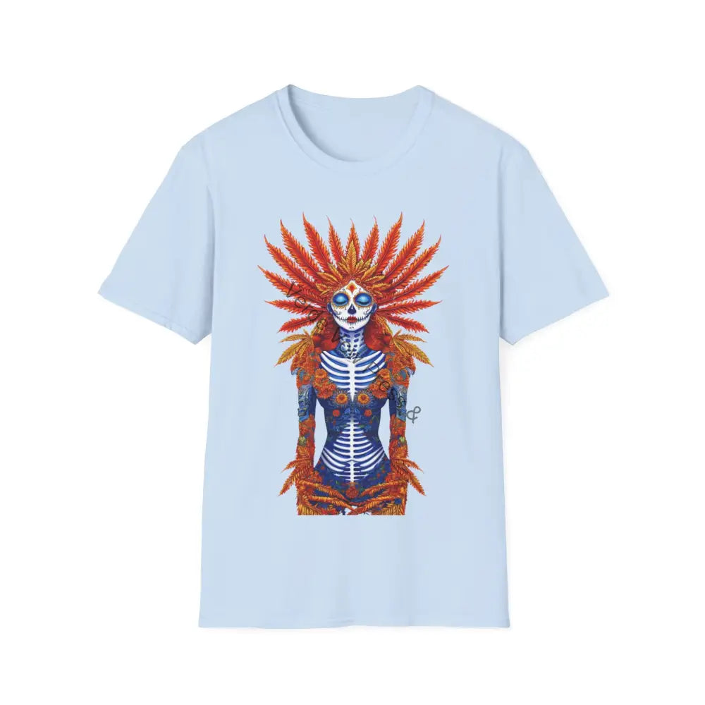 Vibrant Skeleton Graphic T-Shirt Day of the Dead Halloween Tee Unisex T-Shirt Festival Wear Art Print Shirt Light Blue